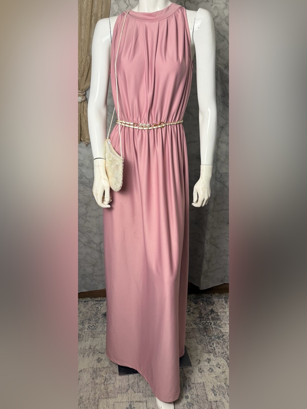 Grecian Vibe Dusty Rose Maxi Dress High Neck Tie Formal Dress Wedding Event M